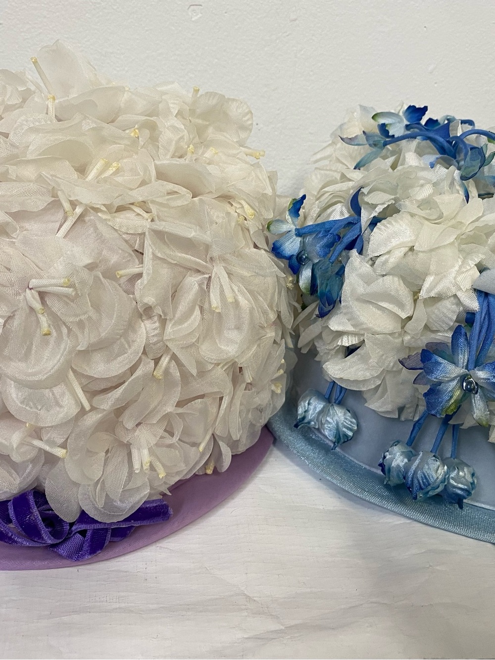 Two (2) Vintage Union Made Floral Cluster Hats Light Purple and Blue